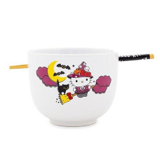 Silver Buffalo Sanrio Hello Kitty Witch Ceramic Ramen Dinnerware Set | Includes 20-Ounce Noodle Bowl And Wooden Chopsticks