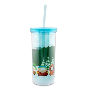 Silver Buffalo South Park Bus Stop Plastic Carnival Cup With Spill-Resistant Lid And Reusable Straw | Holds 20 Ounces