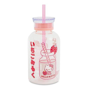 Sanrio Hello Kitty Strawberry Glass Milk Bottle With Straw | Holds 15 Ounces