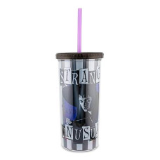 Silver Buffalo Beetlejuice Strange And Unusual Plastic Cold Cup With Leak-Resistant Lid And Reusable Straw | Travel Tumbler For Drinks, Beverages | Holds 20 Ounces