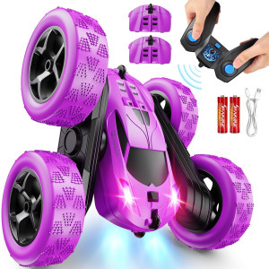 Qunreda Rc Cars Purple Remote Control Car For Girls 24 Ghz Double Sided Rc Stunt Car 360 Rotating Remote Control Crawler With