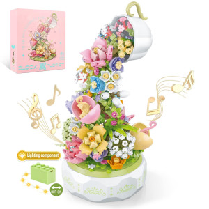 Flowers Botanical Collection Music Rotating Box Building Block With Light 575 Pcs Compatible With Lego Mothers Day Valentin