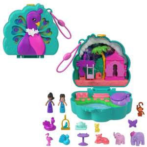 Polly Pocket Dolls And Playset Peacock Garden Compact Travel Toy With 2 Micro Dolls And Pets Animal Accessories