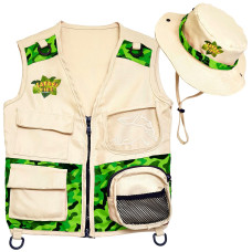 Safari Kidz Outdoor Explorer Kit Childrens Camouflage Cargo Vest And Hat Set Green