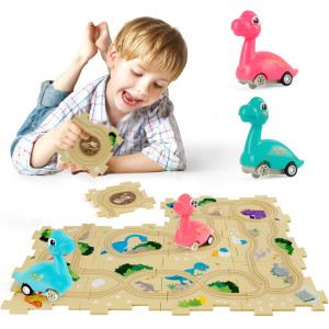 Yooyid Puzzle Racer Kids Car Track Set With 2 Dino Cars Kids Toys Boys 35 Toys For 2 3 4 5 6 Year Old Boys Toys For Ages 24