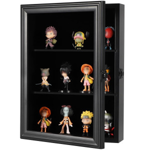 Verani Action Figure Display Case Wall Mount Wood Cabinet For Minifigures Action Figures Lockable Black Lock With Real Glass