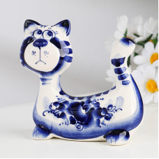 Aevvv Handpainted Gzhel Porcelain Cat Figurine Traditional Russian Craft Blue And White