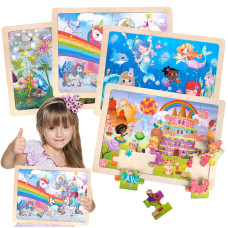 Jigsaw Puzzles Wooden Puzzles For Girls Ages 35 Unicorn Mermaid Princess Fairy Puzzle Preschool Educational Brain Teaser Boards