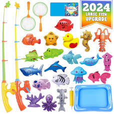 Cozybomb Kids Pool Fishing Toys Games Summer Magnetic Floating Toy Magnet Pole Rod Fish Net Water Table Bathtub Bath Game Lea