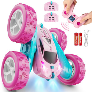 Qunreda Rc Cars Pink Remote Control Car For Girls 24 Ghz Double Sided Rc Stunt Car 360 Rotating Remote Control Crawler With H