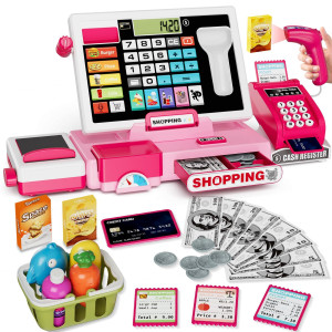 Hyes Kids Cash Register Toy Playset With Real Calculator Toddler Pretend Play Store Incl Scannercredit Cardplay Moneyconveyo