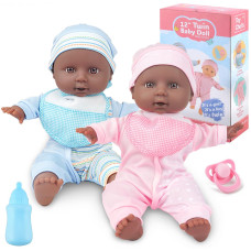 Toy Chois Twin Baby Dolls 12 Inch Two Soft Black Body Doll With Rompers Hat And Pacifier Doll Bibs Dolls Play Set For 2 3