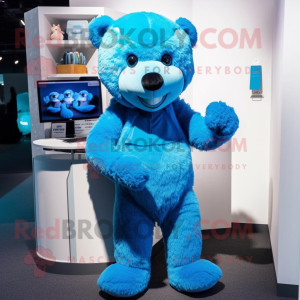 Redbrokoly Blue Teddy Bear Mascot Costume Character Dressed With A Turtleneck And Hair Clips