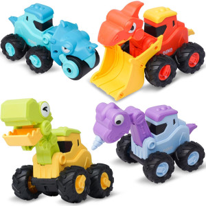 Likee Dinosaur Toy Cars For Toddlers 13 Boys Large Construction Toys Truck For Kids 24 Birthday Gift 4 Pcs Press Go Vehicles