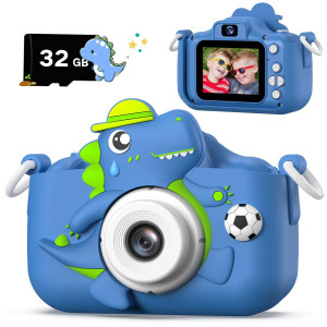 Dinosaur Kids Camera For Boys Girls Toddler Digital Selfie Camera With Cute Protective Cover And 32G Sd Card Christmas Birthda