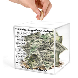 Linglingo Piggy Bank For Adults Unbreakable Piggy Bank Clear Acrylic Money Box 100 Day Money Saving Challenge Box For Cash Co