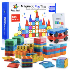 SUNNY AUNTIE 100 PCS Magnetic Tiles Set with 2 Cars for Kids