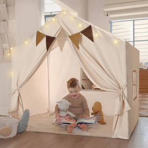 Kids Play Tent Large Kids Playhouse With String Lights And Flag Garland Bed Tent With 2 Windows Machine Washable Reading Nook