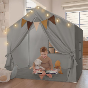 Kids Play Tent Large Kids Playhouse With String Lights And Flag Garland Bed Tent With 2 Windows Machine Washable Reading Nook