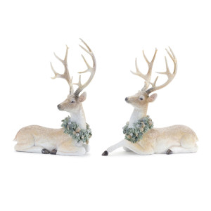 Melrose Glittered Deer Christmas Figurines With Holly Wreath 11 Set Of 2