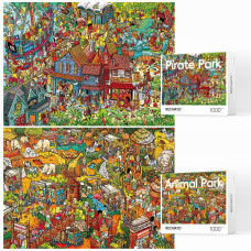 Jigsaw Puzzles For Adults 2 Pack 1000 Pieces Pirate Park Animal Paradise Puzzle Cartoon Painting Challenging Puzzles For Famil