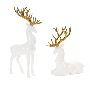 Melrose Deer With Antler Christmas Tabletop Figurines 13 White And Gold Set Of 2