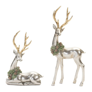 Melrose Deer With Wreath Christmas Tabletop Figurines 13 Silver And Green Set Of 2