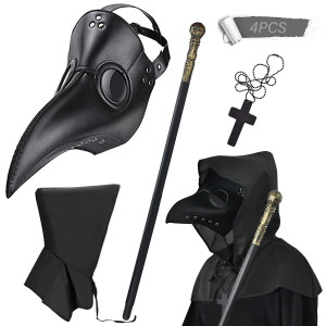 Buufan Plague Doctor Mask Costume Black Cloak With Hat Leather Long Nose Bird Beak Crucifixion Necklace Scepter Plague Doctor Ma