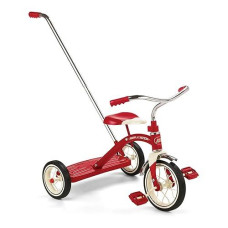 Radio Flyer 34Tx Kids Beginner Classic Steel Framed 10 Inch Front Wheel Adjustable Seat Tricycle With 3 Position Push Handle, Red