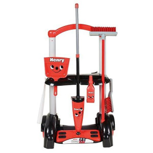 Casdon Henry & Hetty Toys - Henry Cleaning Trolley - Red Henry-Inspired Toy Playset With Mop, Brushes, Dustpan, & Accessories - Kids Cleaning Trolley Set - For Children Aged 3+