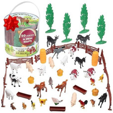 Scs Direct Farm Animal Toy Action Figure 50Pc Set - Different Barnyard Animals & Accessories Including Cows, Horses, Chickens, Sheep & More - Great For Bath Toys, Pretend Play, Birthday Gifts For Kids