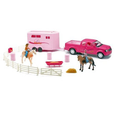 New Ray Pink Pick Up Truck & Trailer Horse Set