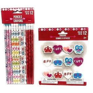 Valentines Day Themed Pencils And Erasers - 12 Count Each