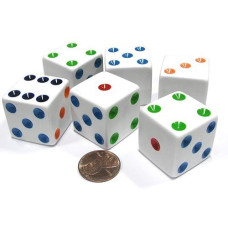 Set Of 6 D6 25Mm Large Opaque Jumbo Dice - White With Multicolor Pip By Koplow Games