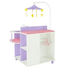 Olivia'S Little World Little Princess Baby Doll Two-Sided Wooden Baby Doll Changing Station With Storage Shelves, Closet, Highchair, Changing Table, And Sink, White With Purple And Pink Accents