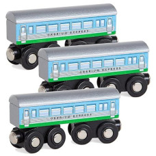 Orbrium Toys 3 Pcs Large Wooden Railway Express Coach Cars, Compatible With Thomas & Friends Push-Along The Tank Engine, Brio, Chuggington Wooden Train