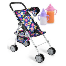 Fash N Kolor® - Doll Stroller My First Baby Doll Strollers Toy - Flower Design With Basket In The Bottom- Doll Accessories 2 Free Magic Bottles Included - New Year Gift, Boys, Girls