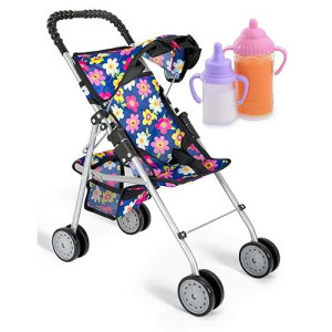 Fash N Kolor® - Doll Stroller My First Baby Doll Strollers Toy - Flower Design With Basket In The Bottom- Doll Accessories 2 Free Magic Bottles Included - New Year Gift, Boys, Girls