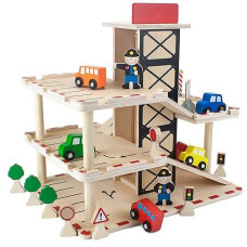 Imagination Generation Downtown Deluxe Wooden Parking Garage Ramp & Service Station Playset With Elevator, Signs & Accessories For Mini Toy Cars (19 Pcs)