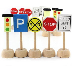 Attatoy Kids Wooden Street Signs Playset (14-Piece Set), Wood Traffic Signs Perfect For Car & Train Set