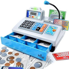 Dr. Stem Toys | Talking Toy Cash Register | Stem Learning 69 Piece Pretend Store With 3 Languages, Paging Microphone, Credit Card, Bank Card, Play Money And Banking For Kids, Silver