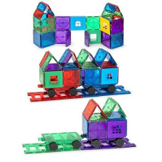 Playmags Magnetic Tiles Train Car Set For Kids - 55Pcs Magnet Building Blocks Accessory Set With 4 Cars - Durable Creative Stem Learning Toys For Boys, Girls & Toddlers