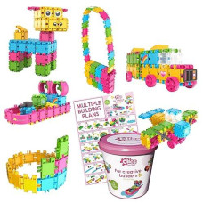 Clics Construction Toys, Glitter Bucket, 133 Building Blocks, 42 Accessories And Stickers,Educational Kids Toys,Stem Toys For 3 Year Old Boys & Girls And Older, Durable Toys Made From Recycled Plastic