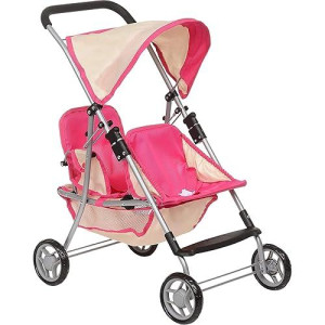 Fash N Kolor, Twin Doll Double Stroller | Pink & Off-White Design Easy To Fold Double Stroller With Basket In The Bottom