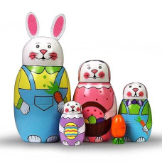 Tphon Nesting Dolls 5Pcs Handmade Russian Wooden Matryoshka Dolls Cute Cartoon Pattern Nesting Doll Toy Stacking Doll Set For Kids Christmas And Birthday (02 Rabbits)