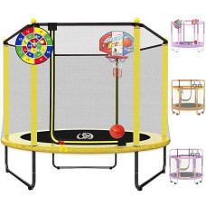 Langxun 60" Trampoline For Kids, 5Ft Mini Toddler Indoor & Outdoor Trampoline With Net, Basketball Hoop & Dart Board, Birthday Gifts For Boys & Girls, Baby Toddler Christmas Toys (Yellow)