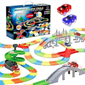 Usa Toyz Large Glow Trax Race Tracks For Kids- 380Pc Glow In The Dark Race Car Track Set With 360Pk Rainbow Flexible Tracks, Roundabout Ramp, Bridges, Ramps, 2 Toy Cars, Stem Toys For Boys And Girls