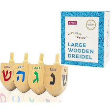 The Dreidel Company Hanukkah Dreidel 4 Extra Large Wooden Dreidels Hand Painted - Includes Game Instruction Cards- (4-Pack Xl Dreidels)