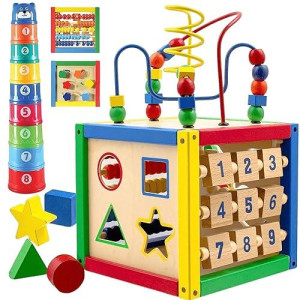 Wooden Activity Play Cube 6 In-1 For Baby With Removable Bead Maze, Shape Sorter, Abacus Counting Beads & Numbers, Sliding Shapes, 8Pcs Stacking Cups - Play22