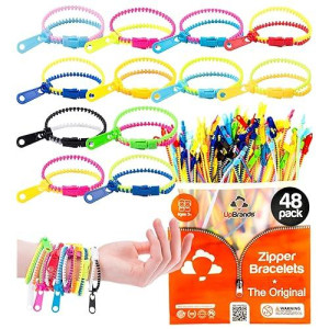 Upbrands 48 Fidget Toys Friendship Zipper Bracelets 7 ½”, Party Favors For Kids, Sensory Bulk Set Neon Colors, Kit For Valentines, Birthday, Goodie Bag, Easter Egg Basket Stuffers, Pinata Fillers